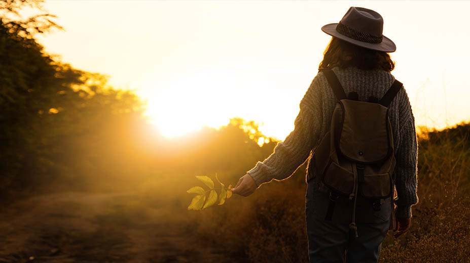 Vrouw die tijdens een natuurwandeling geniet van de zonsondergang in het bos. - Oxtarn Clinics & Adventures