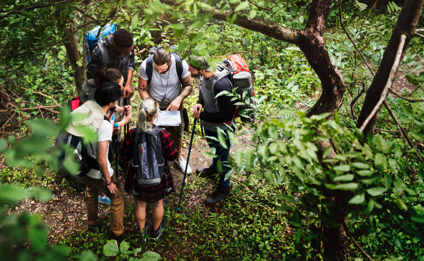 Groep in het bos, op zoek naar de punten tijdens een Oriëntatie Hunt. Groep in het bos, op zoek naar de punten tijdens een Oriëntatie Hunt. - Oxtarn Clinics & Adventures