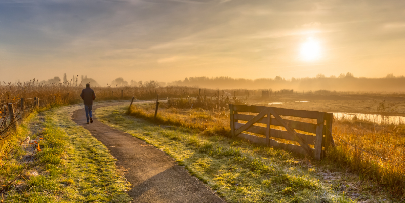 Man lopend door de natuur over een winterlandschap tijdens de survival wandeling. Man lopend door de natuur over een winterlandschap tijdens de survival wandeling. - Oxtarn Clinics & Adventures