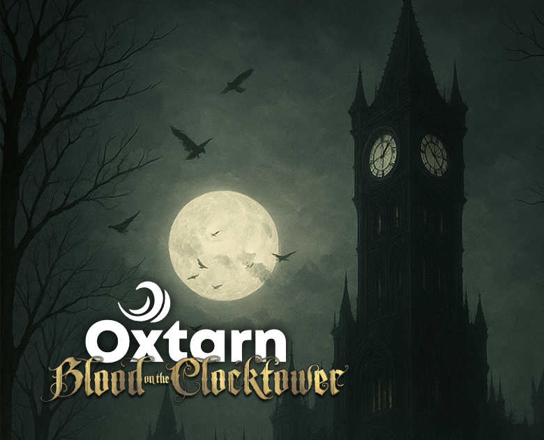 Duistere schim voor Cloctower met logo van Oxtarn: Blood on the Clocktower - Social Deduction en Teambuilding in Nederland